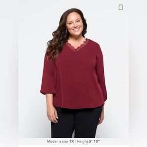 Papermoon eleanor lace back cut out blouse , burgundy , 3x plus size